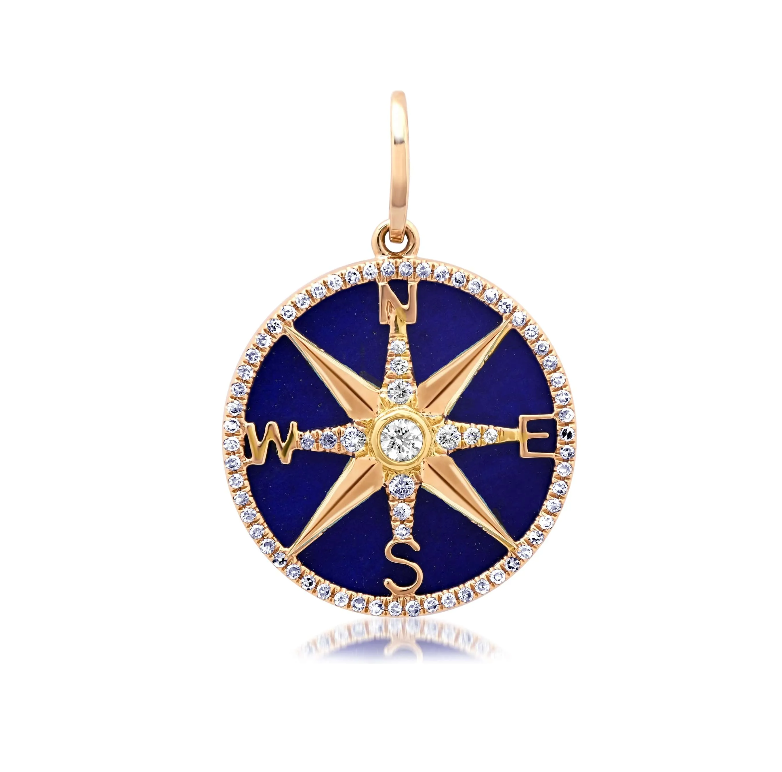 14K Gold Lapis and Pave Diamond Compass Charm, Medium