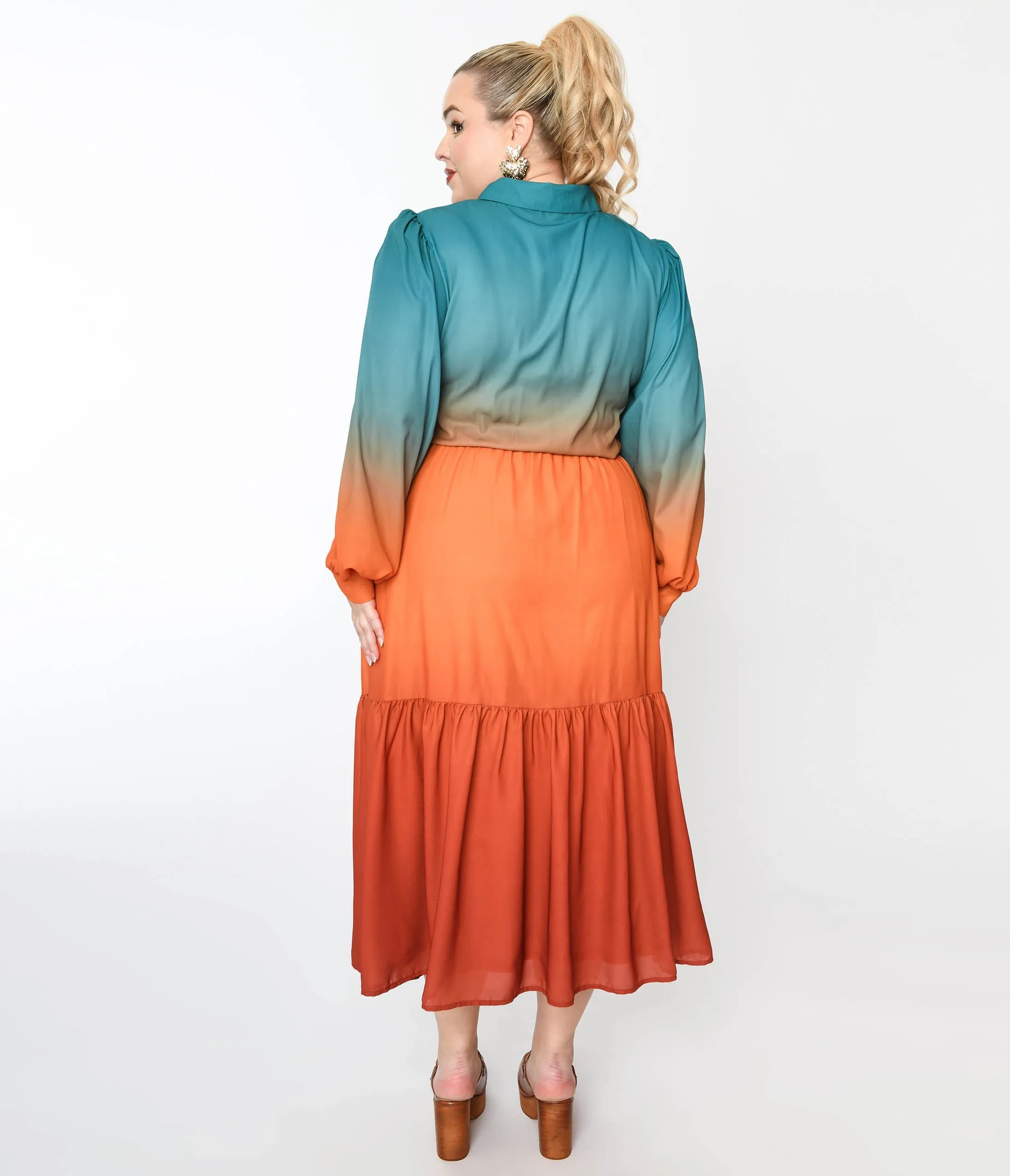 1970s Teal & Rust Gradient Maxi Shirt Dress