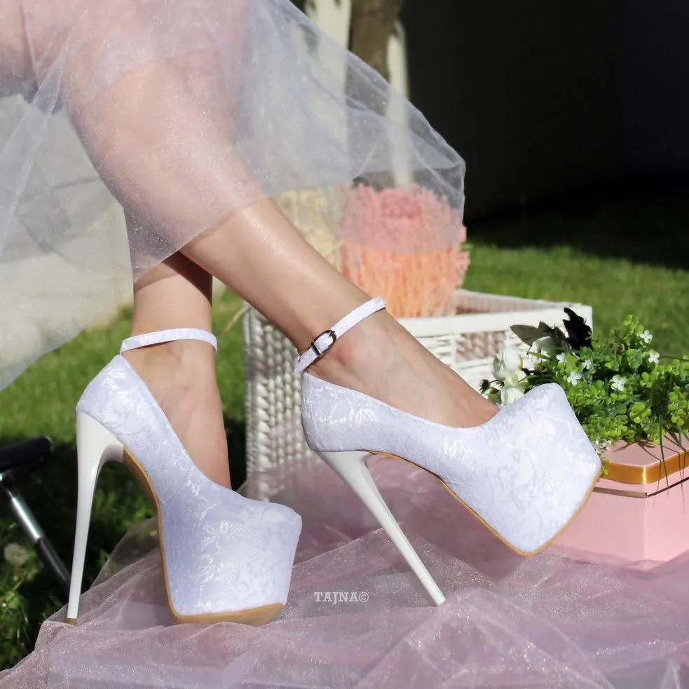 Ankle Strap White Lace High Heel Platform Bride Shoes