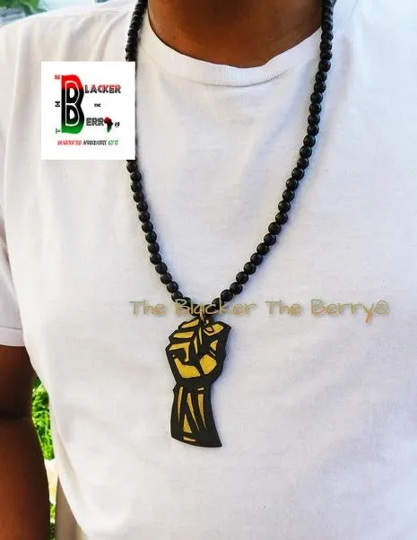 Black Power Fist Necklace Men Beaded Black Gold Ethnic Jewelry