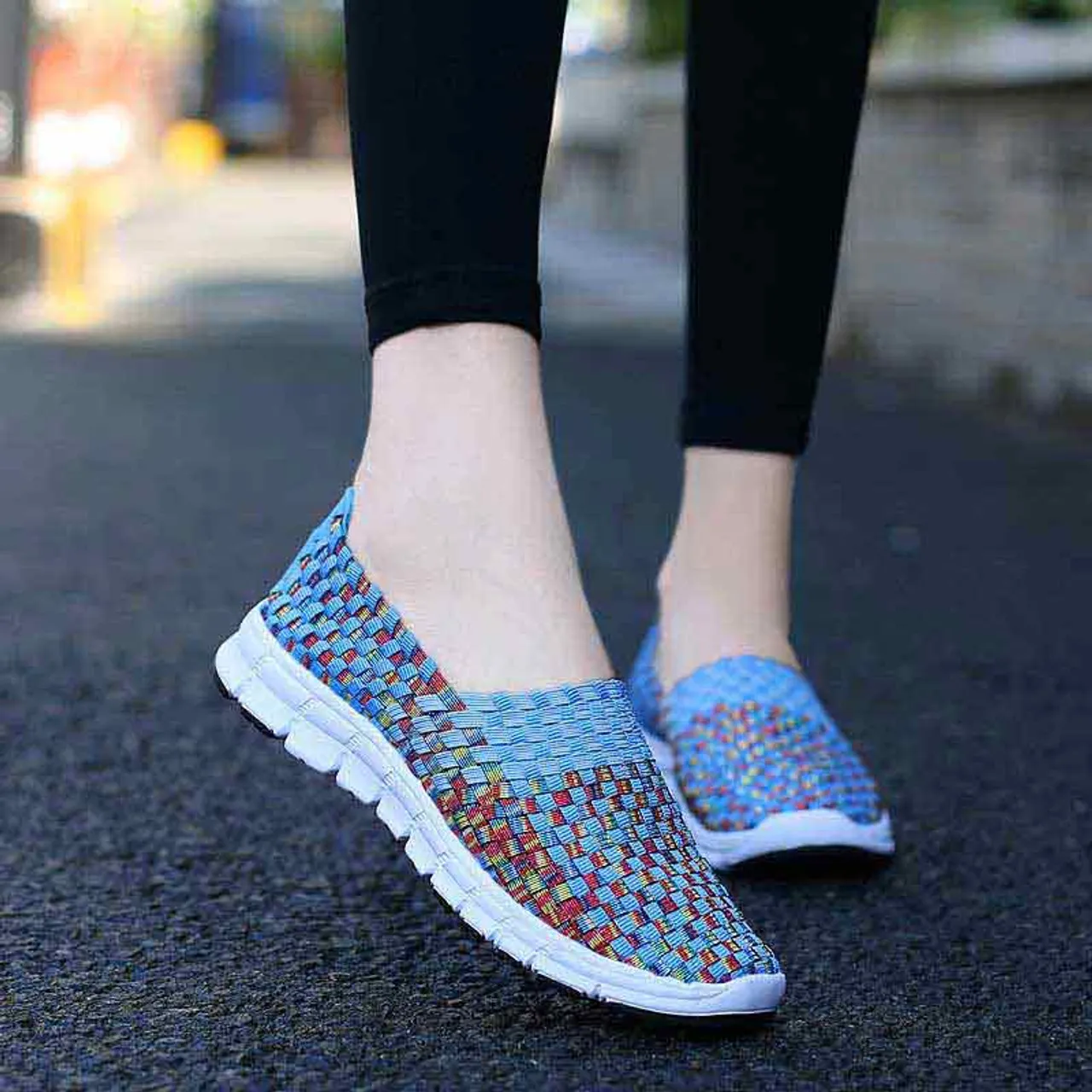 Blue knit check slip on shoe sneaker