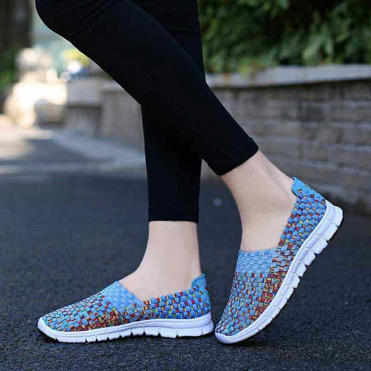 Blue knit check slip on shoe sneaker