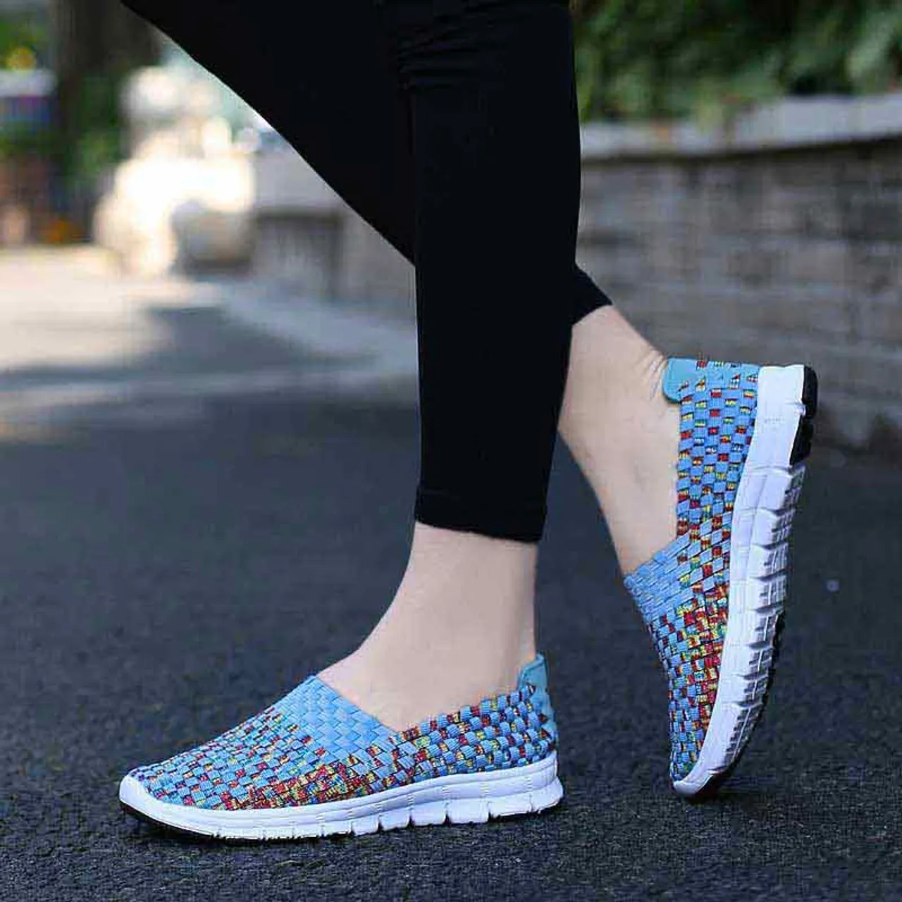 Blue knit check slip on shoe sneaker