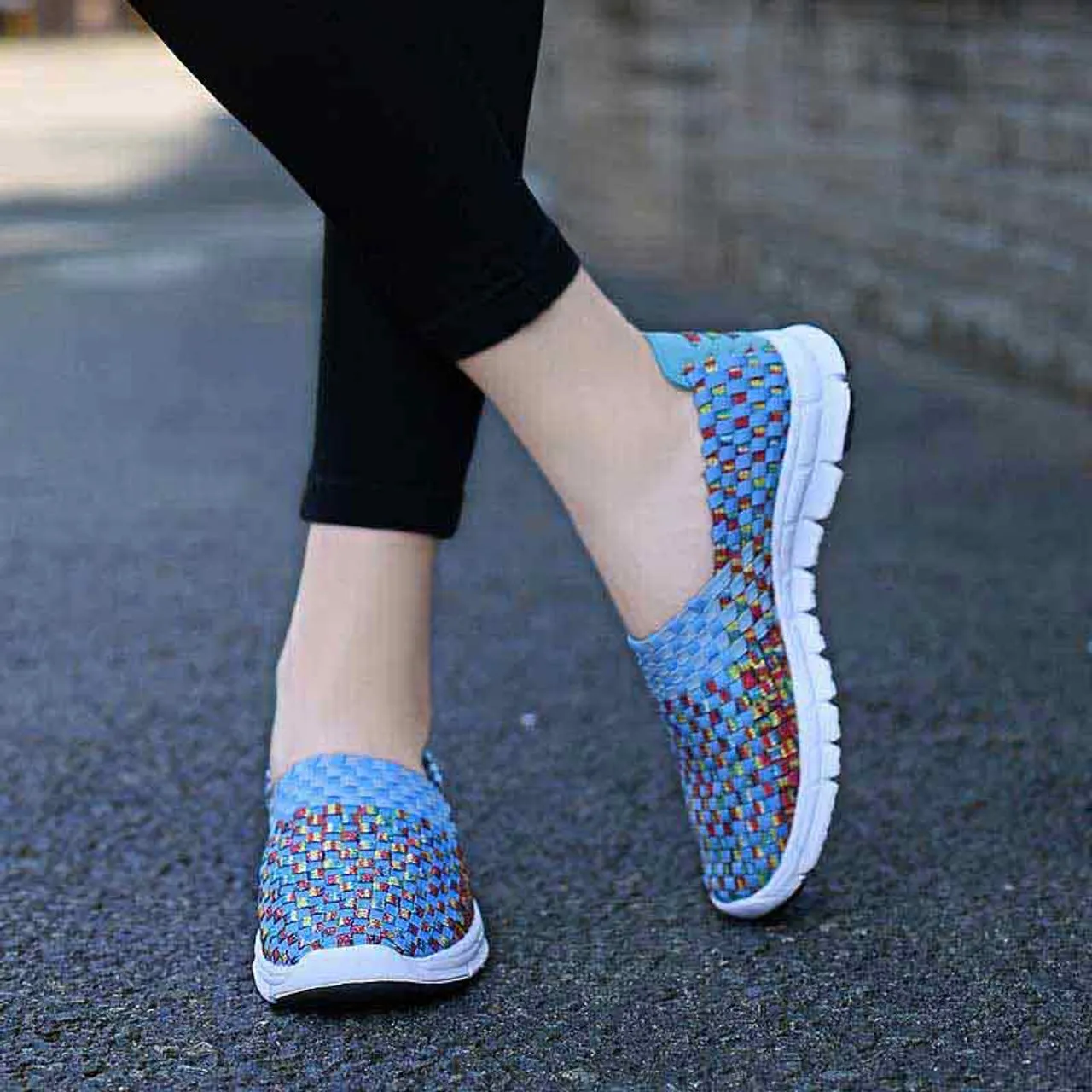 Blue knit check slip on shoe sneaker