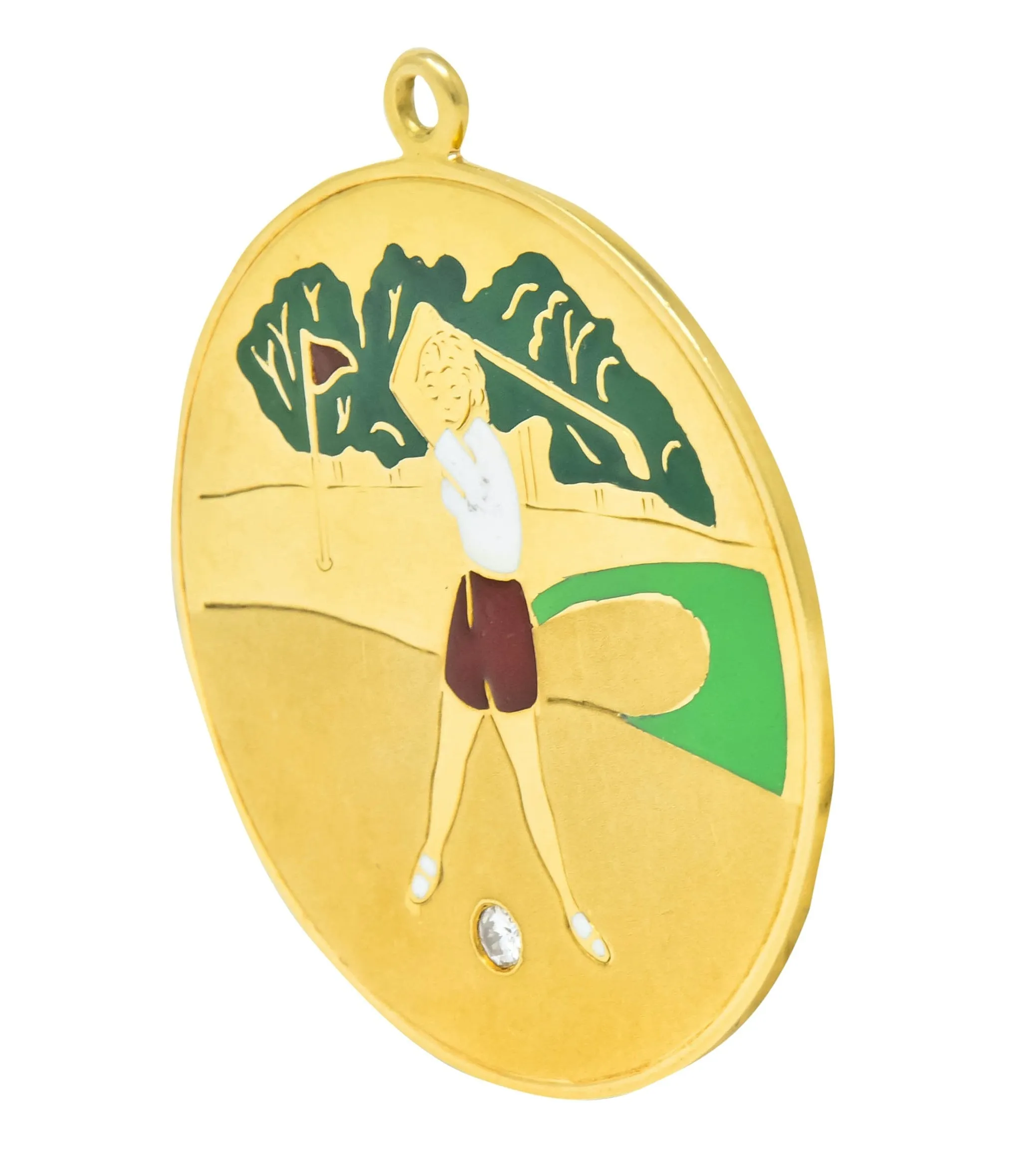 Cartier Mid-Century Diamond Enamel 14 Karat Gold Large Golfer Charm Pendant