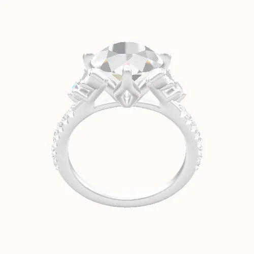 Diamond Band with Marquise & Round Diamond Sidestones Engagement Ring With Petal Compass Prong Head