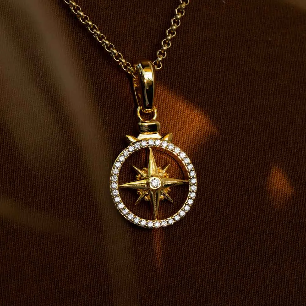 Diamond Open Compass Necklace Pendant & Cable Chain