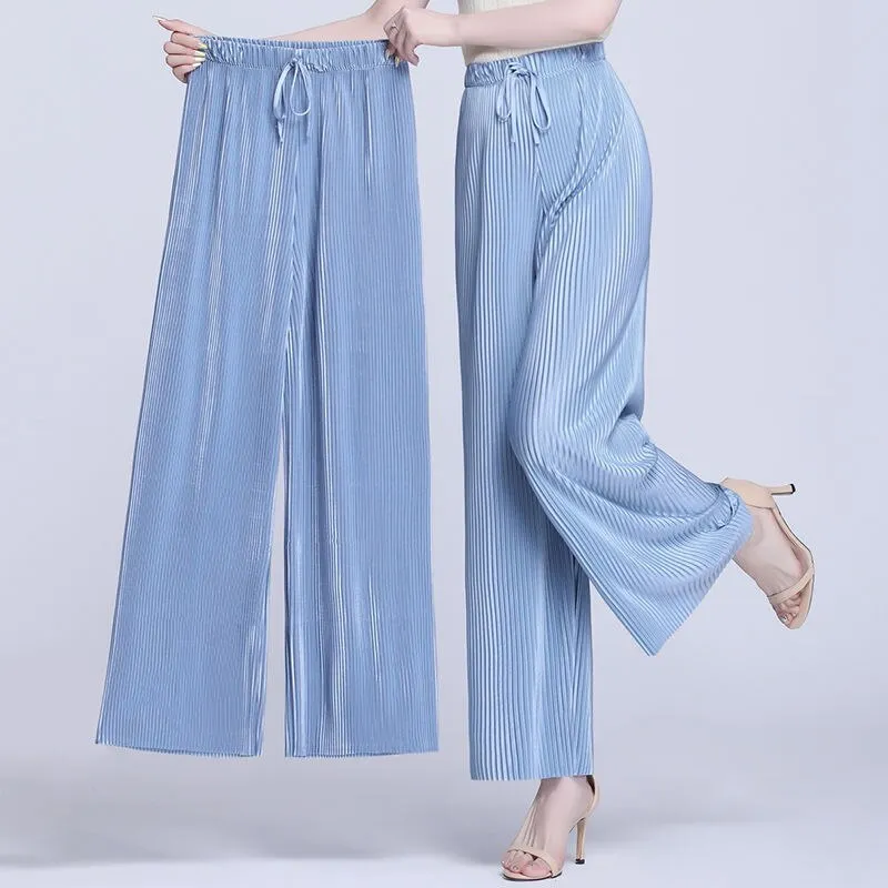 Fashion Solid Pleated Chiffon Wide Leg Pants Female