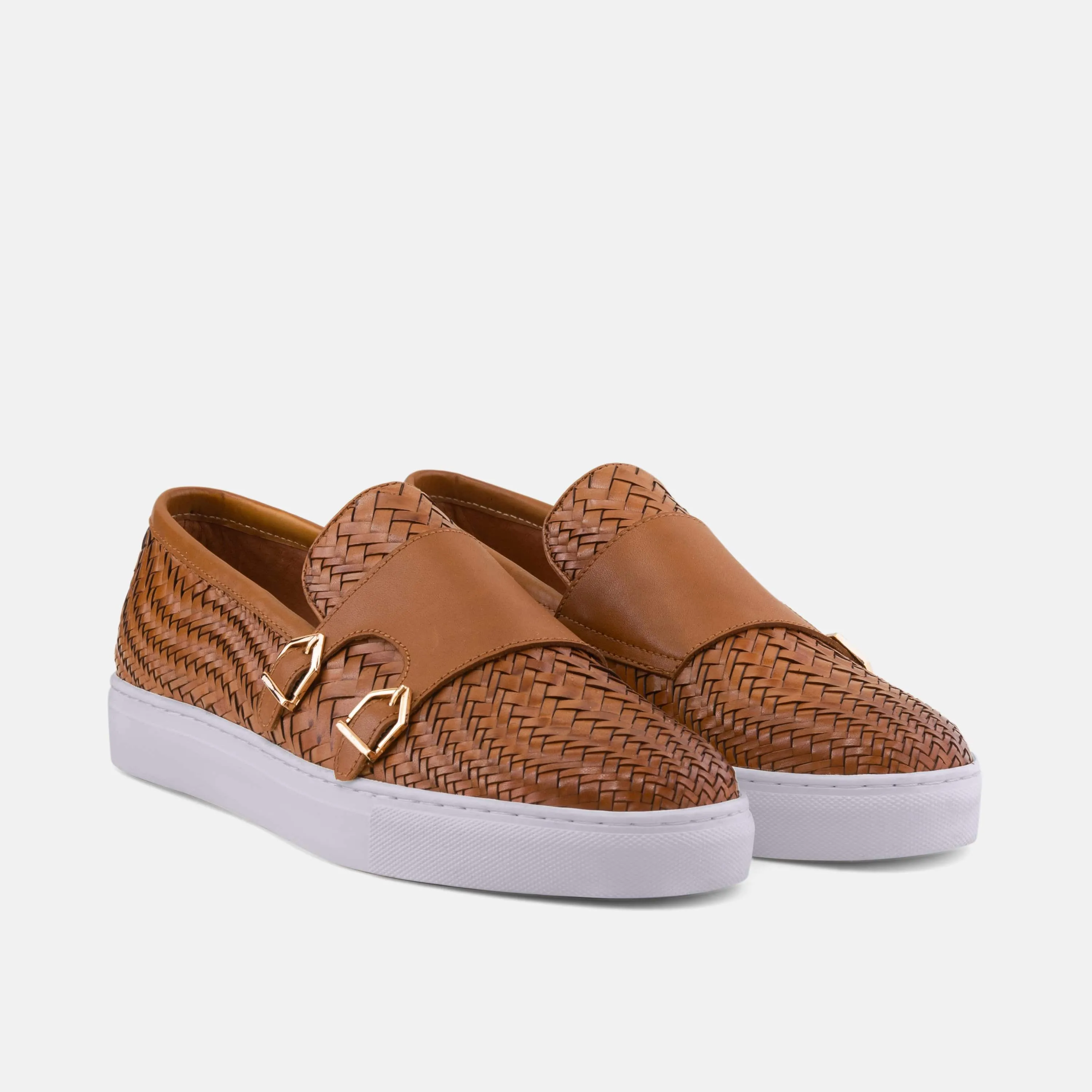 Kyler Cognac Woven Leather Monk Strap Sneakers