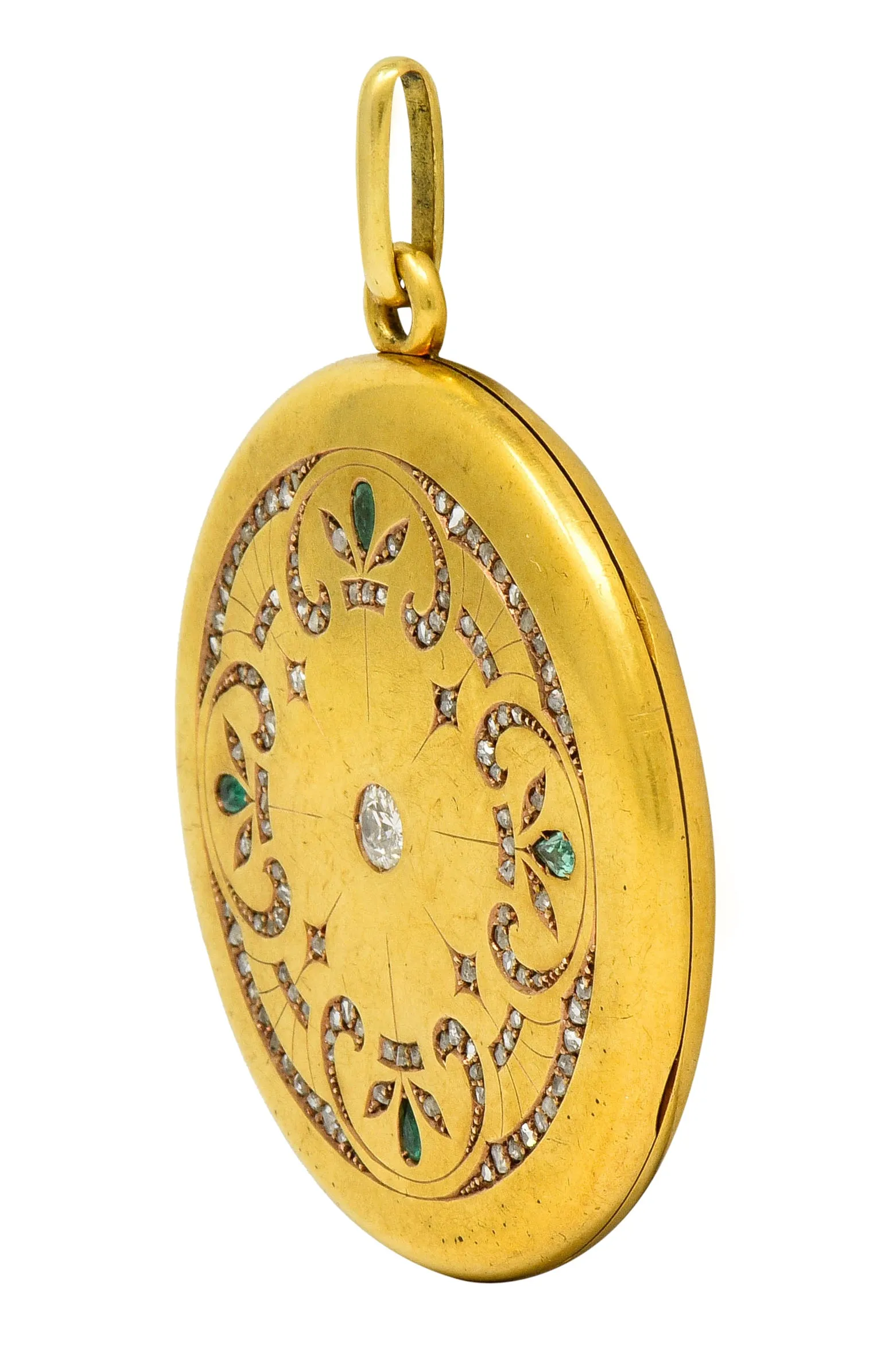 Large 1911 Edwardian Diamond Emerald 18 Karat Gold Locket Pendant