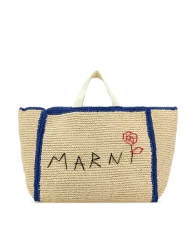 Large Sillo Interwoven Raffia Tote in Cream White and Blue