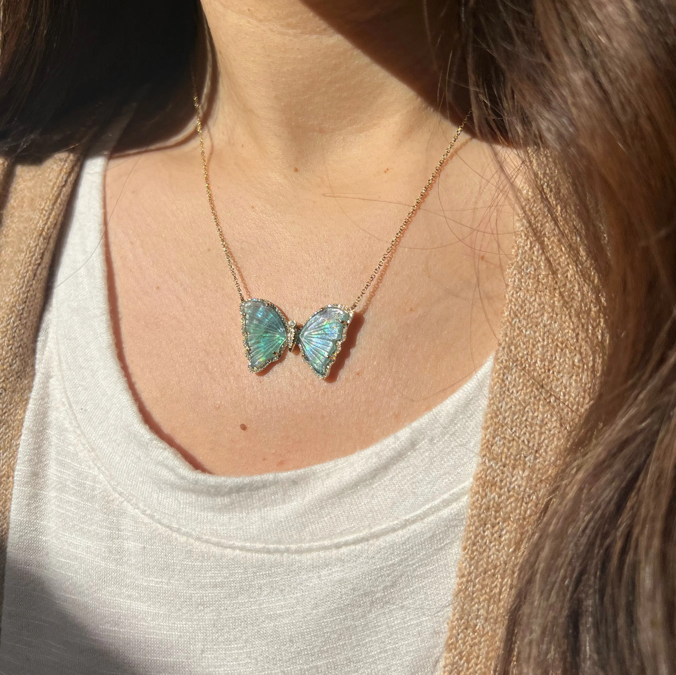 Large Teal Tourmaline and Pearl Butterfly Necklace with Diamonds