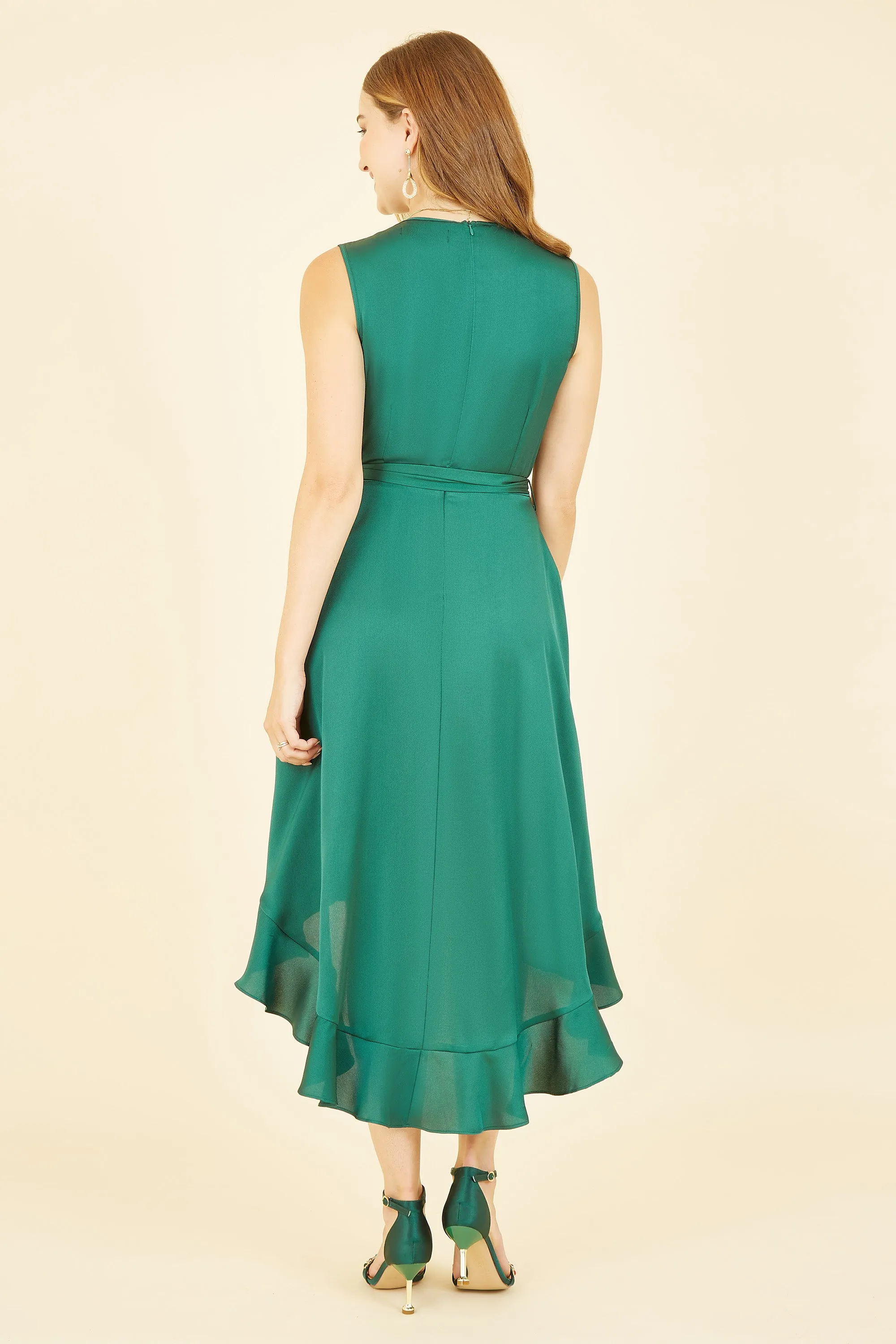 Mela London Green Satin Dipped Hem Wrap Over Midi Dress