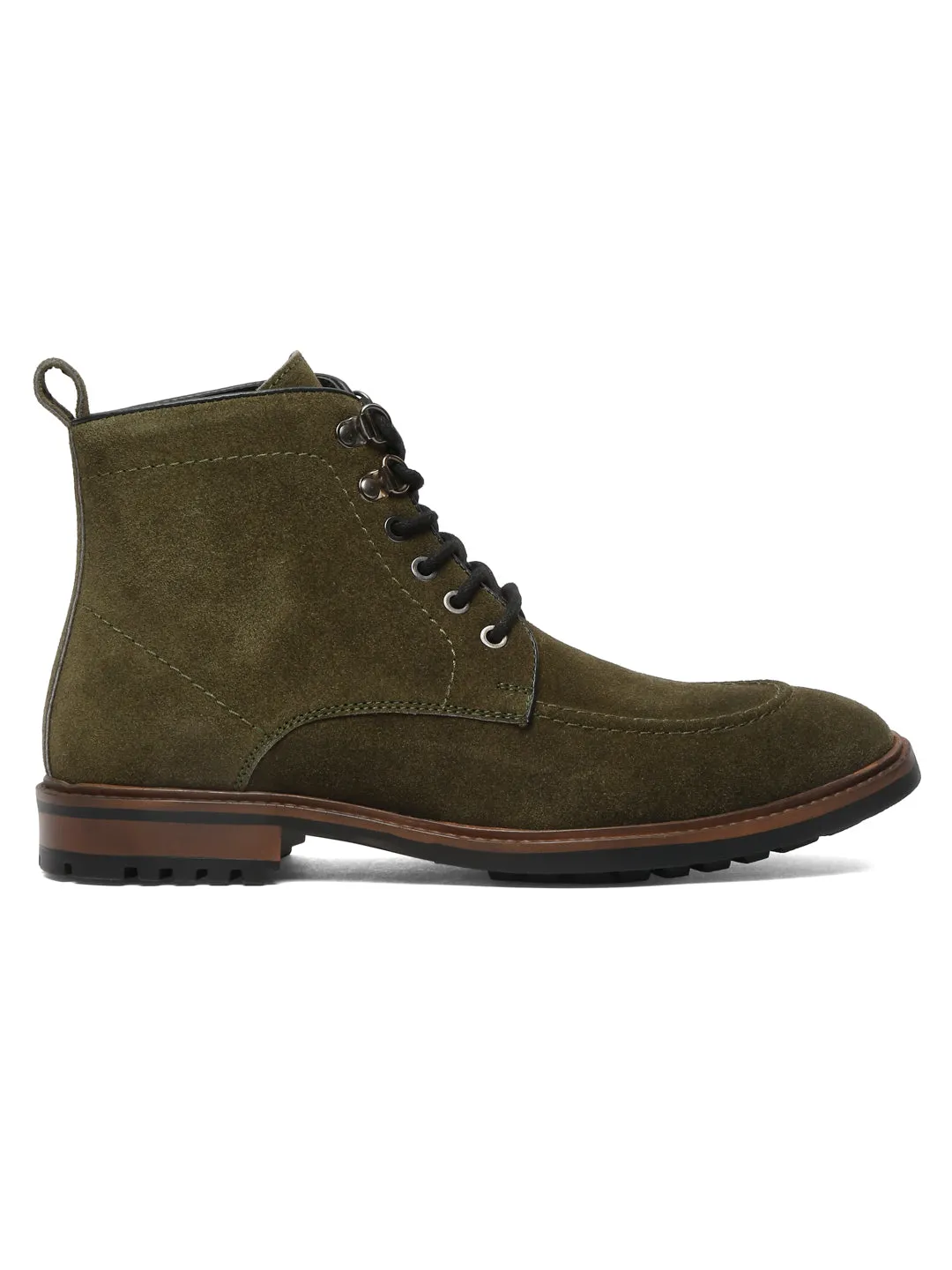 Men Olive Leather Mid Top Lace-Up Boots