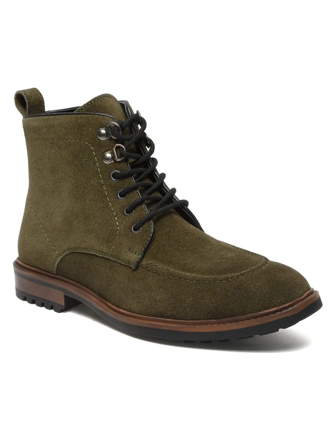 Men Olive Leather Mid Top Lace-Up Boots