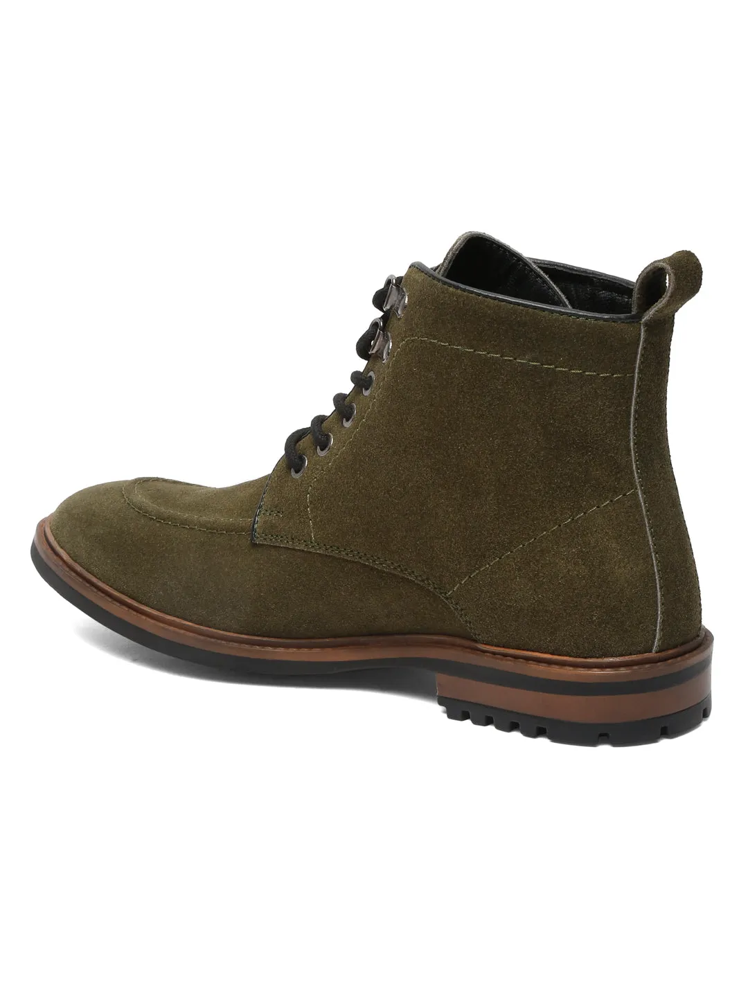 Men Olive Leather Mid Top Lace-Up Boots