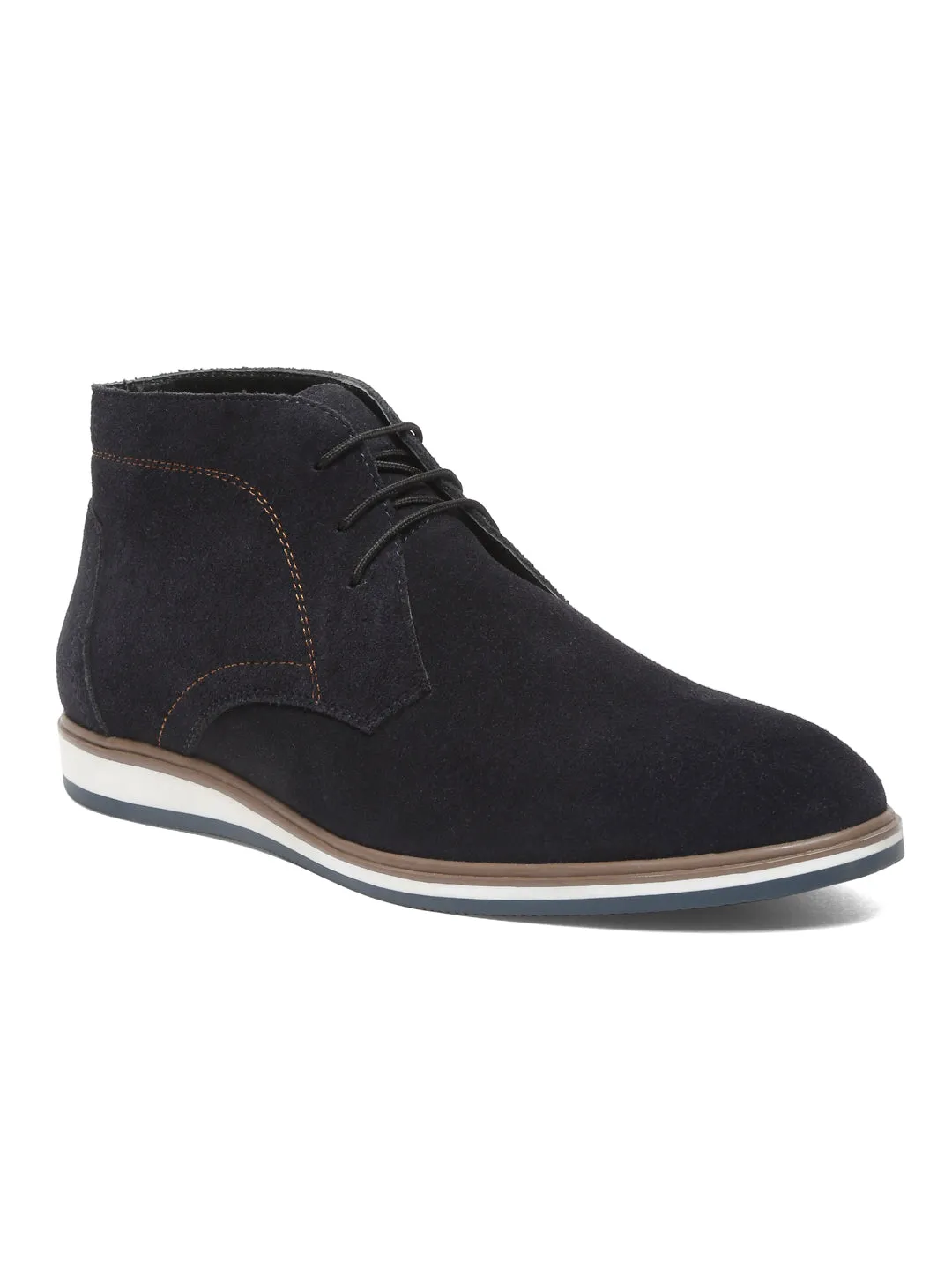 Men Suede Navy Mid Top Lace-Up Boots