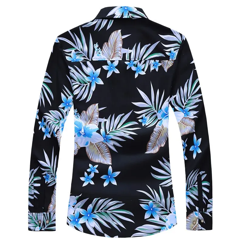 Men's Black Polyester Slim Fit Floral Printed Long Sleeve Casual Shirt