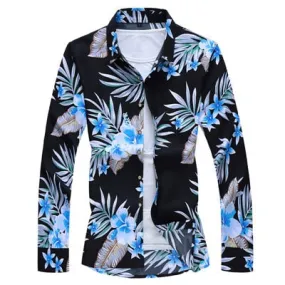 Men's Black Polyester Slim Fit Floral Printed Long Sleeve Casual Shirt