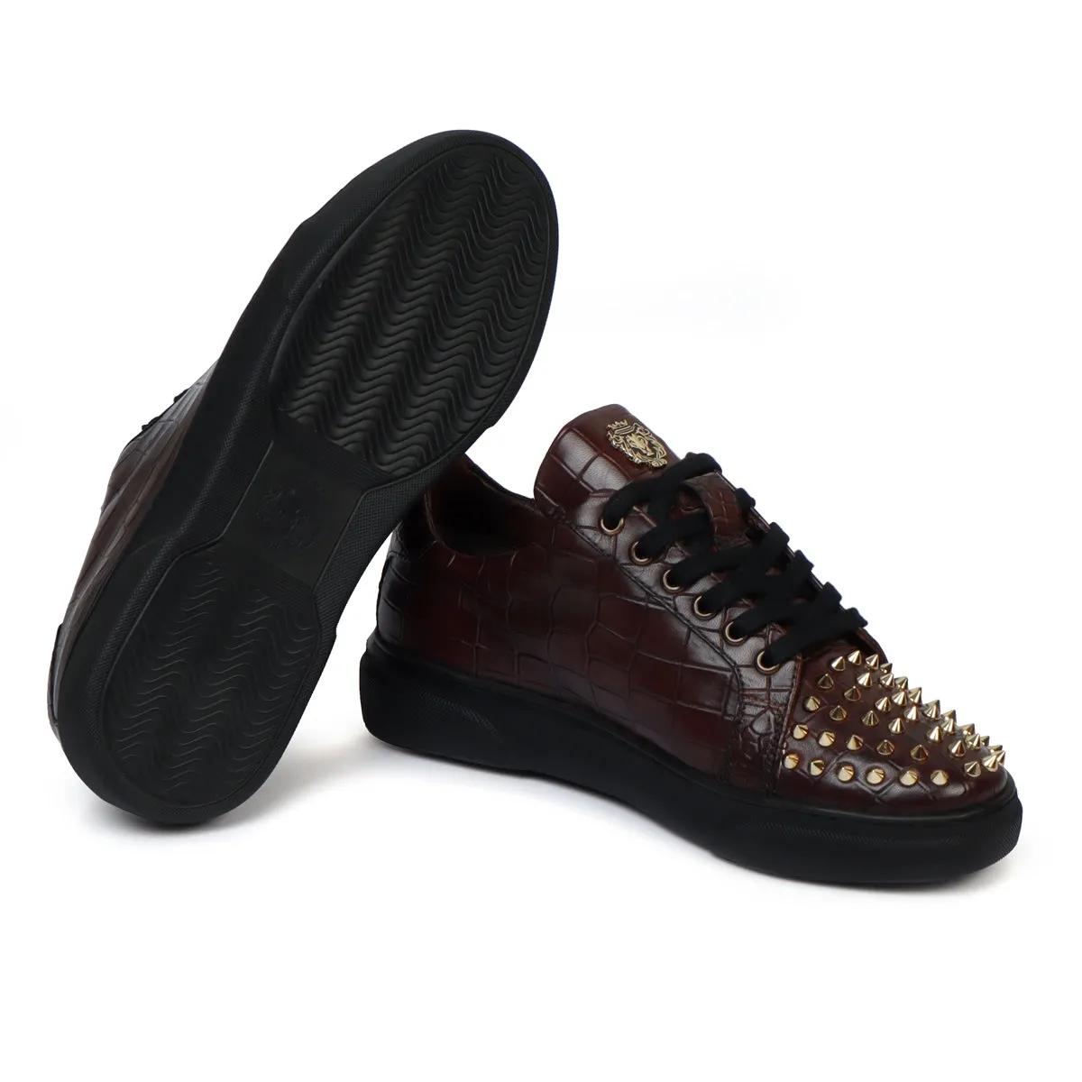 Men's Dark Brown Deep Cut Croco Low Top Leather Sneaker with Studded Toe by Brune & Bareskin