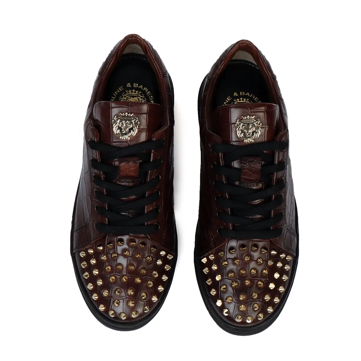 Men's Dark Brown Deep Cut Croco Low Top Leather Sneaker with Studded Toe by Brune & Bareskin