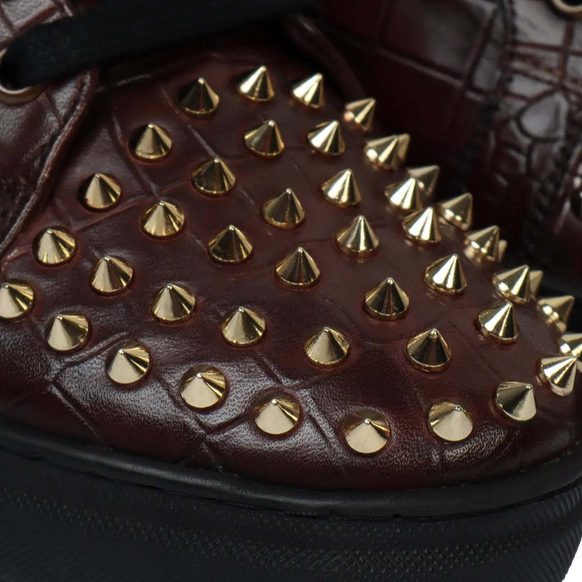 Men's Dark Brown Deep Cut Croco Low Top Leather Sneaker with Studded Toe by Brune & Bareskin