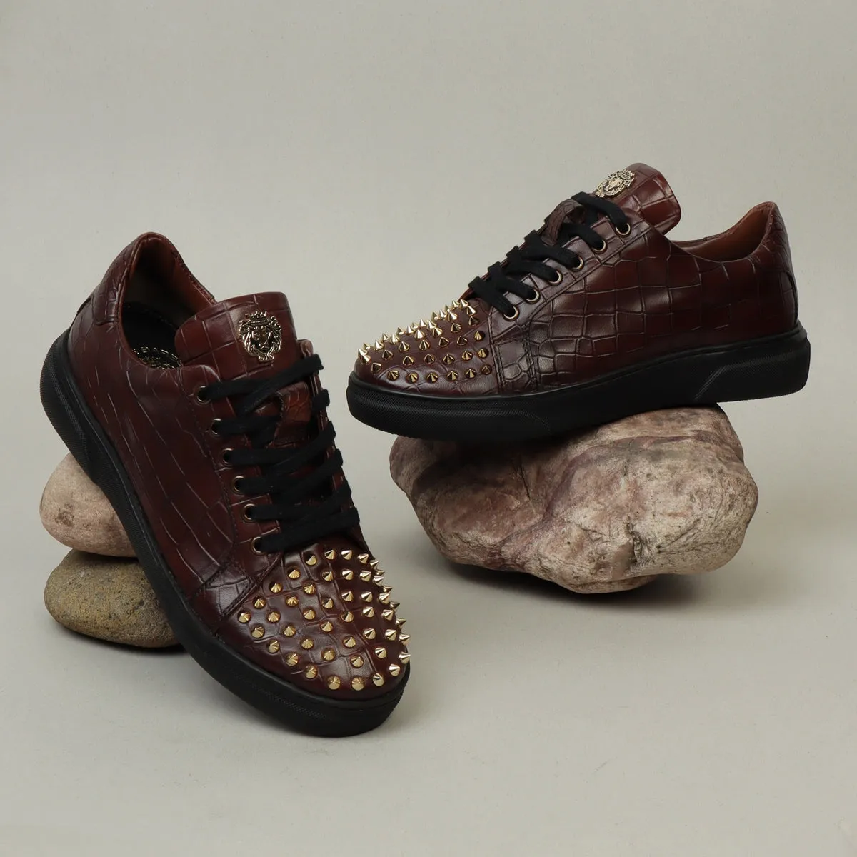 Men's Dark Brown Deep Cut Croco Low Top Leather Sneaker with Studded Toe by Brune & Bareskin