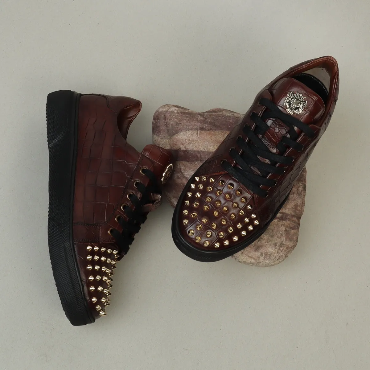 Men's Dark Brown Deep Cut Croco Low Top Leather Sneaker with Studded Toe by Brune & Bareskin