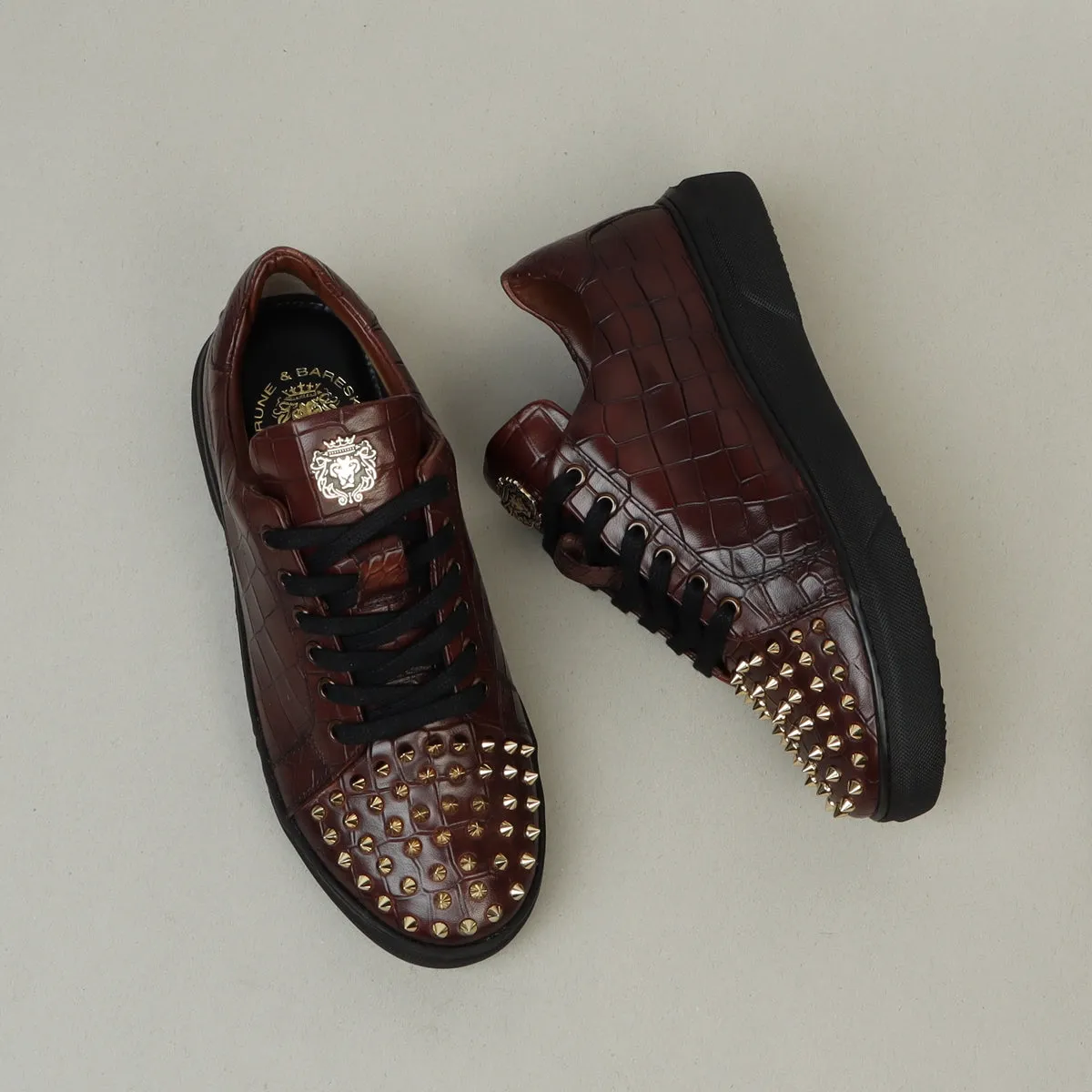 Men's Dark Brown Deep Cut Croco Low Top Leather Sneaker with Studded Toe by Brune & Bareskin