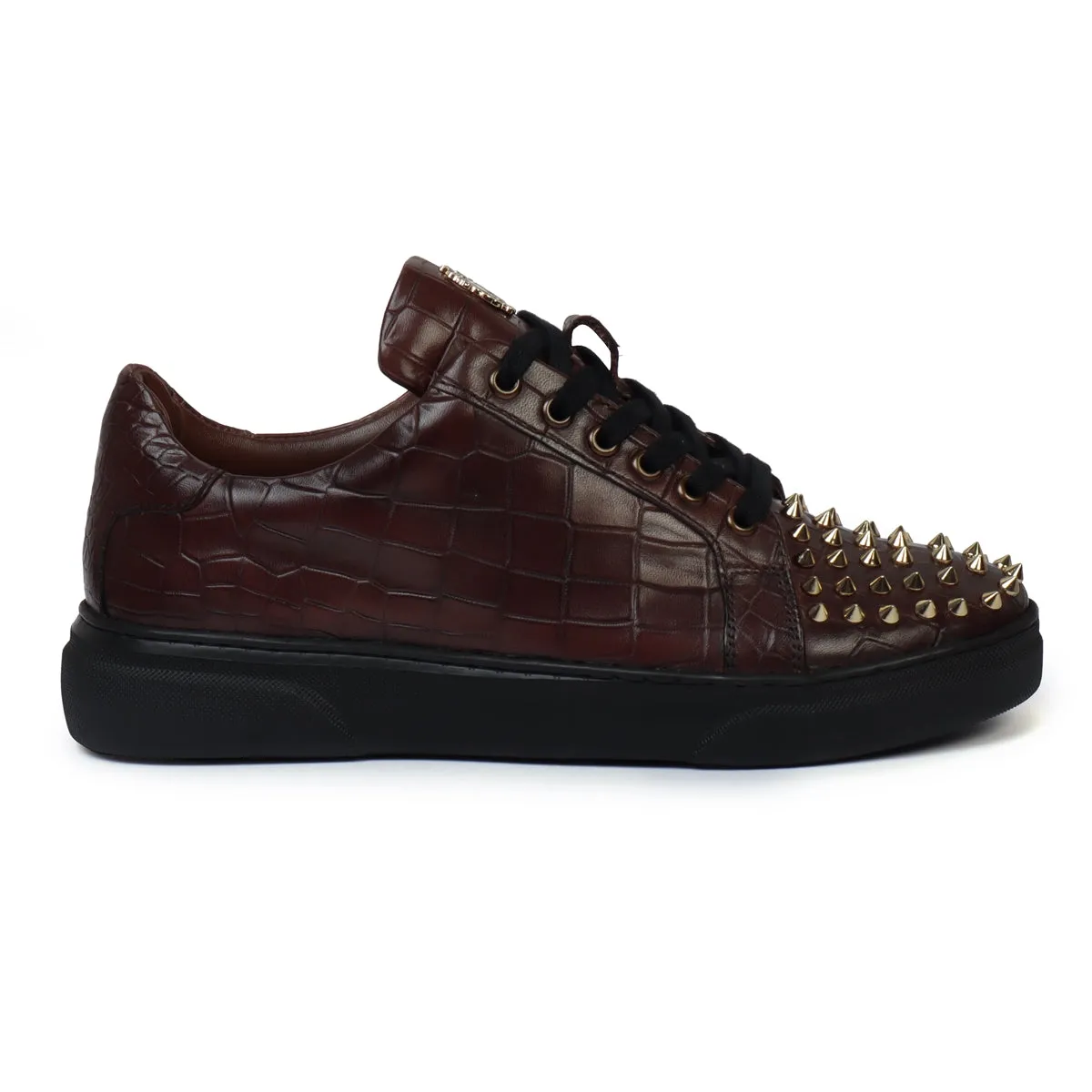 Men's Dark Brown Deep Cut Croco Low Top Leather Sneaker with Studded Toe by Brune & Bareskin