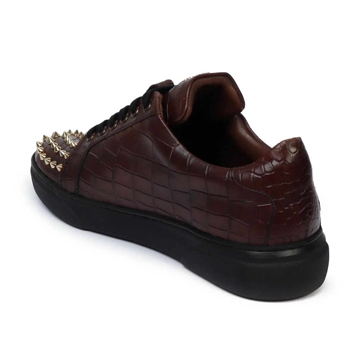 Men's Dark Brown Deep Cut Croco Low Top Leather Sneaker with Studded Toe by Brune & Bareskin