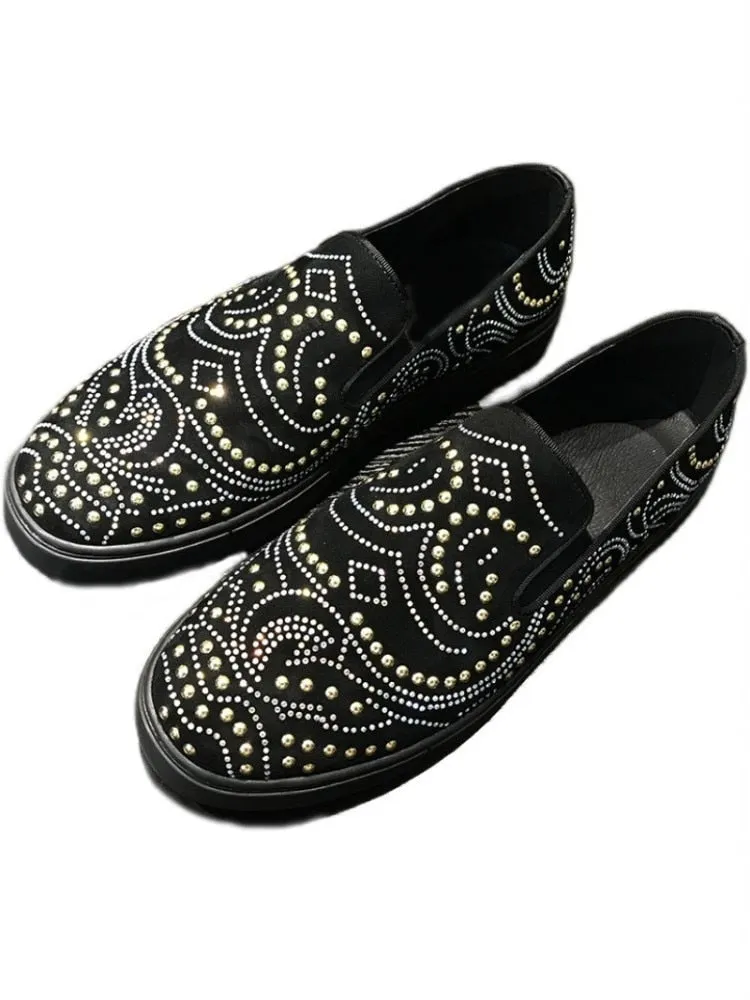 Men's Suede Leather Solid Pattern Rivet Studded Casual Slip On Loafers