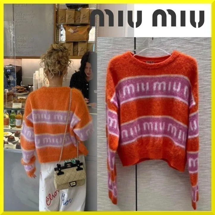 MiuMiu  |Crew Neck Stripes Monogram Casual Style Wool Blended Fabrics