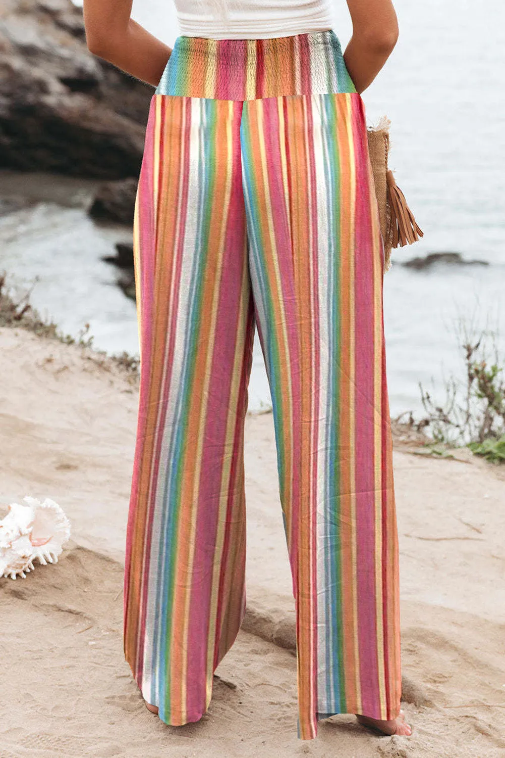 Multicolor Striped Smocked High Waist Wide Leg Pants