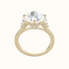 Plain Band with Round Sidestone Trio Engagement Ring With Petal Compass Prong Head