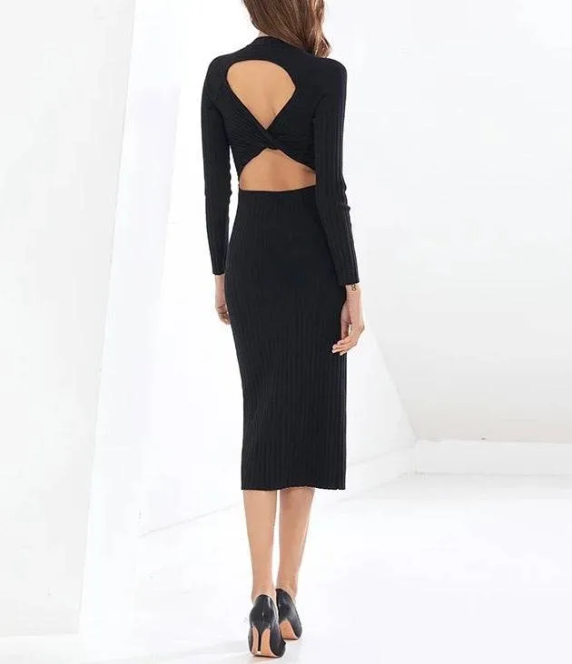 Ribbed Knit Slim Dress With Back Cleavage