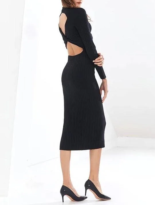 Ribbed Knit Slim Dress With Back Cleavage