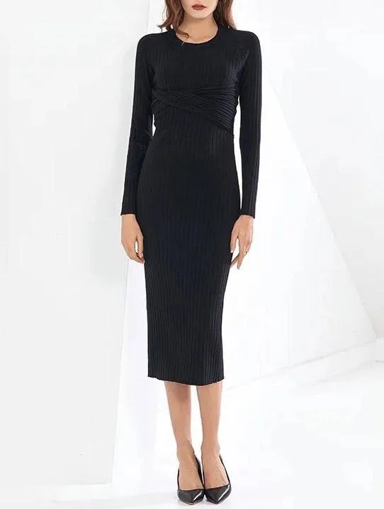 Ribbed Knit Slim Dress With Back Cleavage