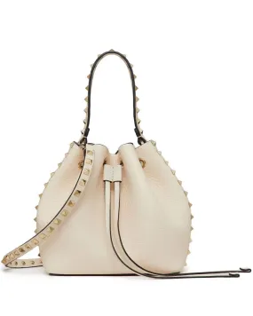 Rockstud Grainy Calfskin Bucket Bag in Light Ivory