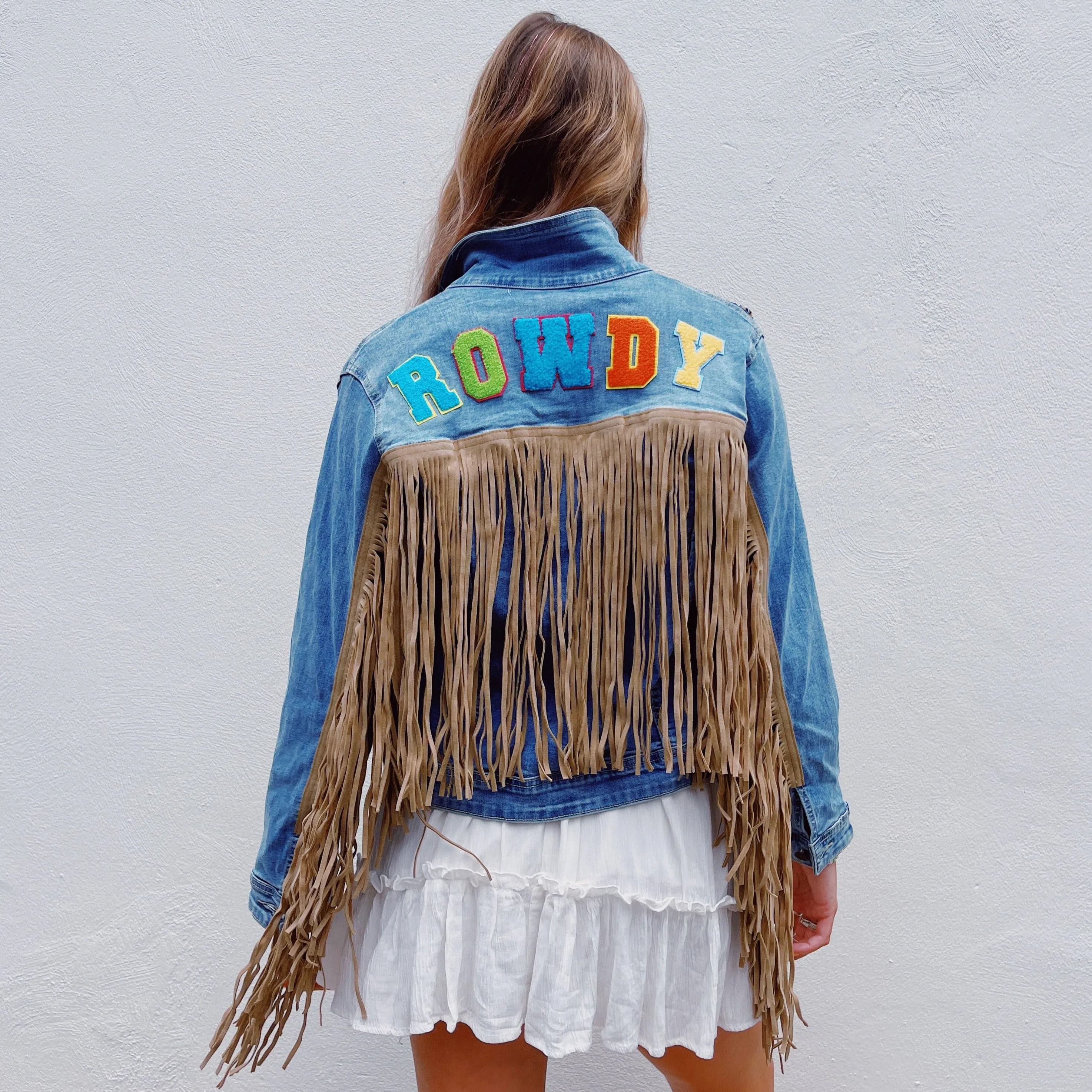 ROWDY Denim Brown Leather Fringe Jacket