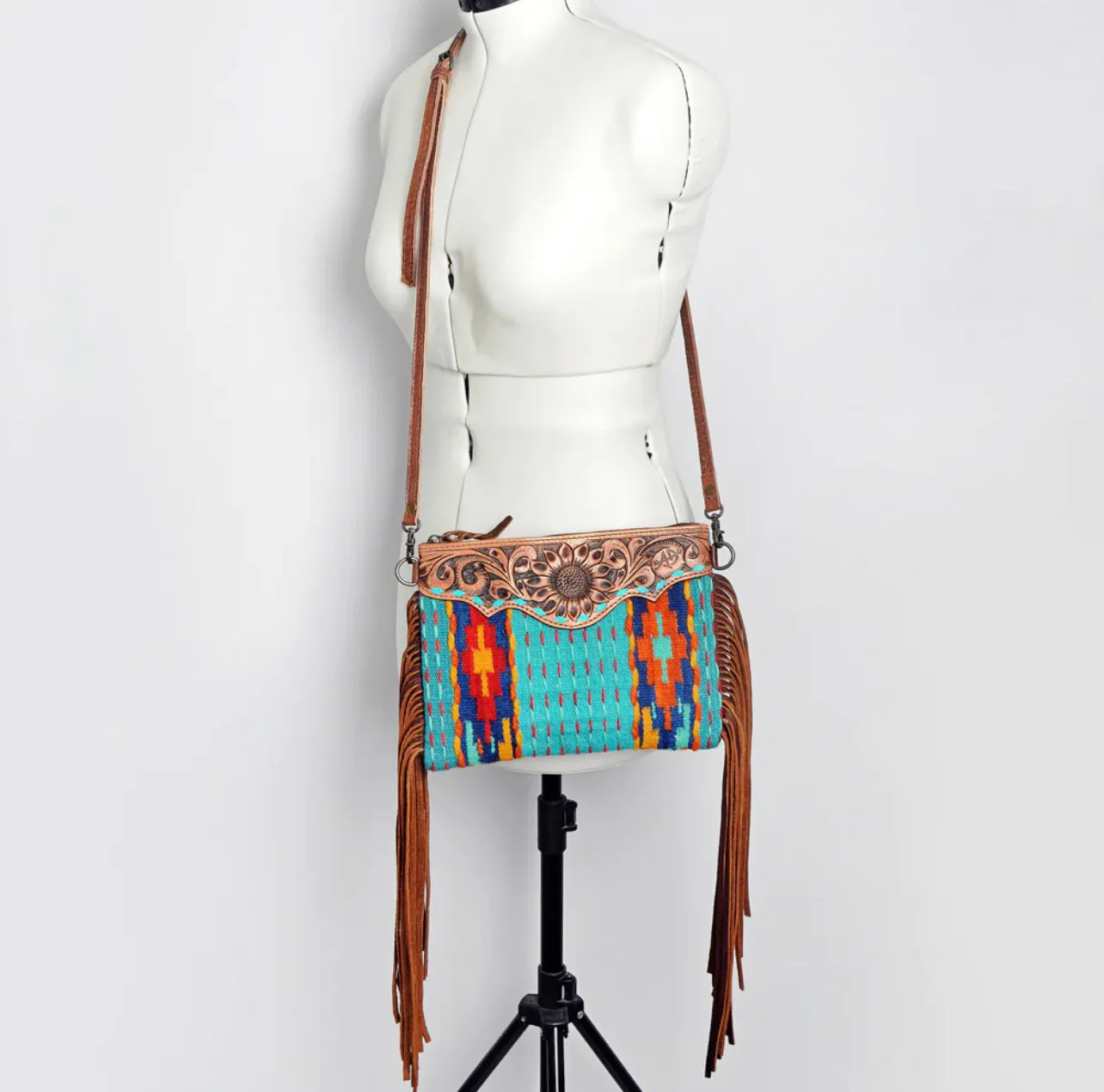 Teal Saddle Blanket Tooled Leather Crossbody