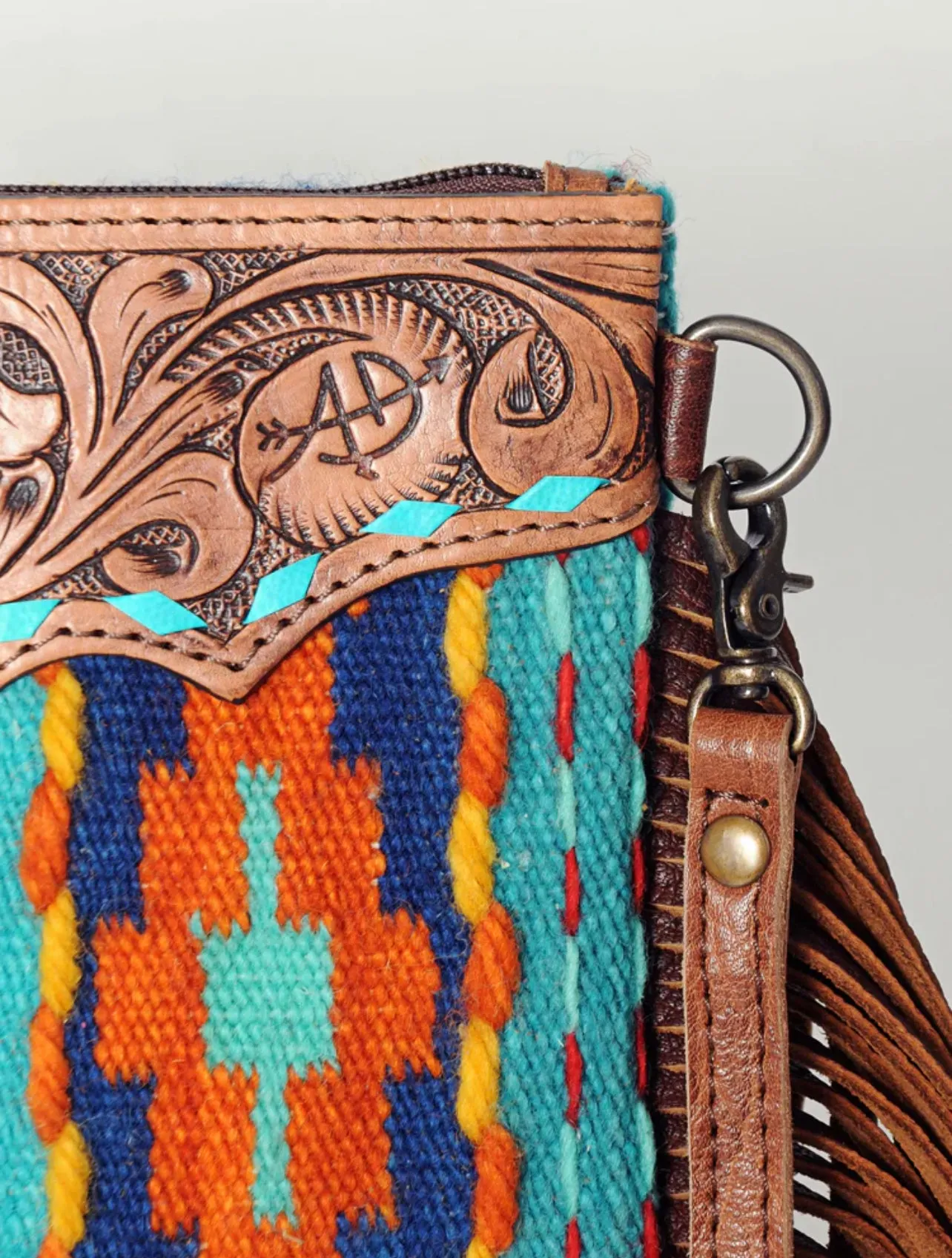 Teal Saddle Blanket Tooled Leather Crossbody