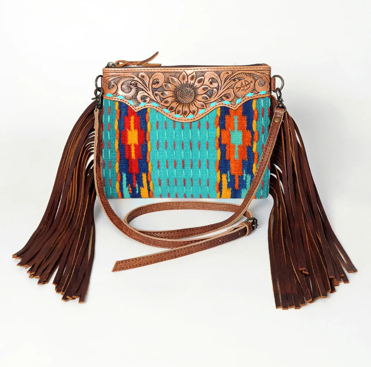 Teal Saddle Blanket Tooled Leather Crossbody