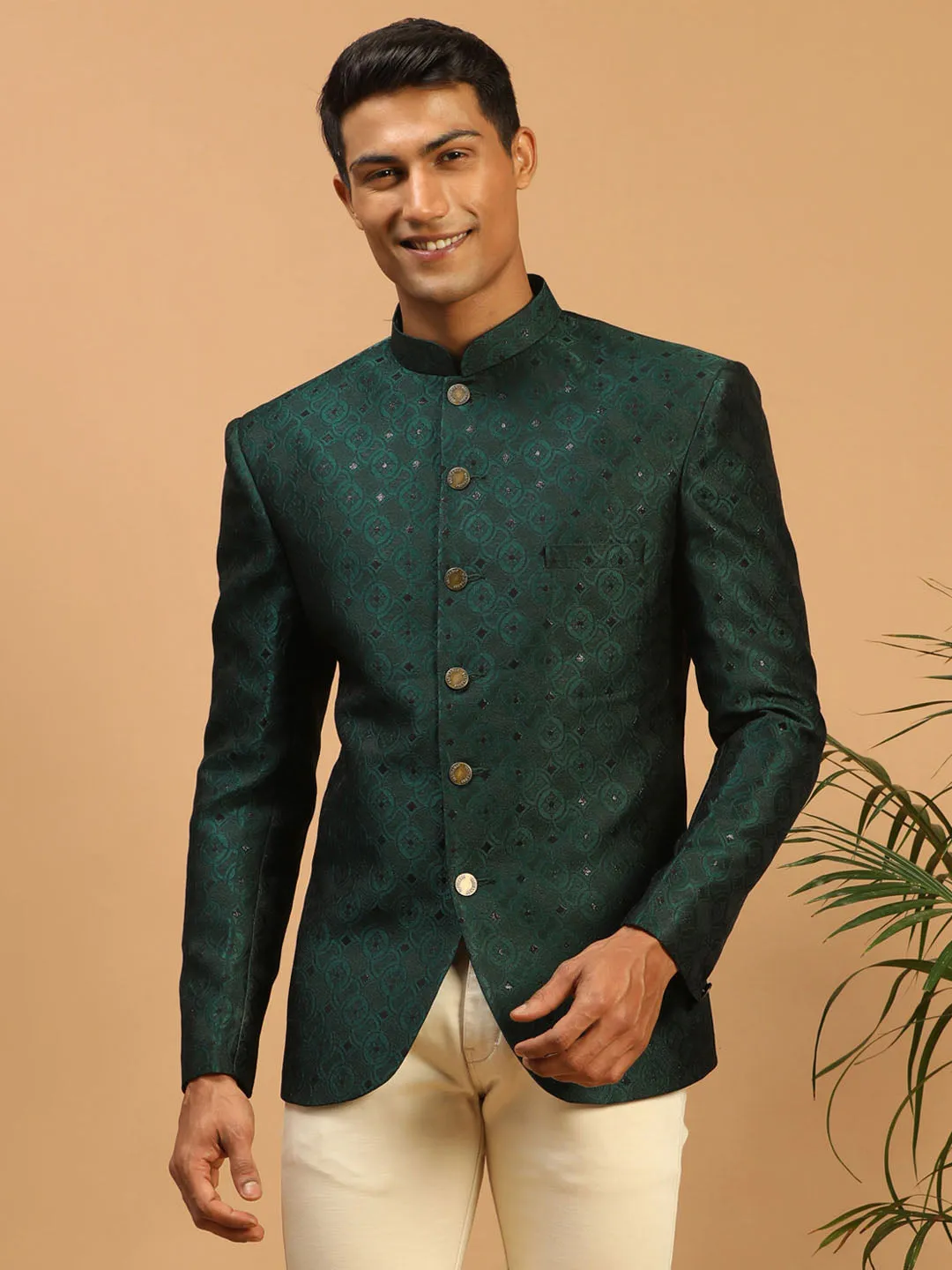 VASTRAMAY Men's Green Silk Blend Jaccard Jodhpuri