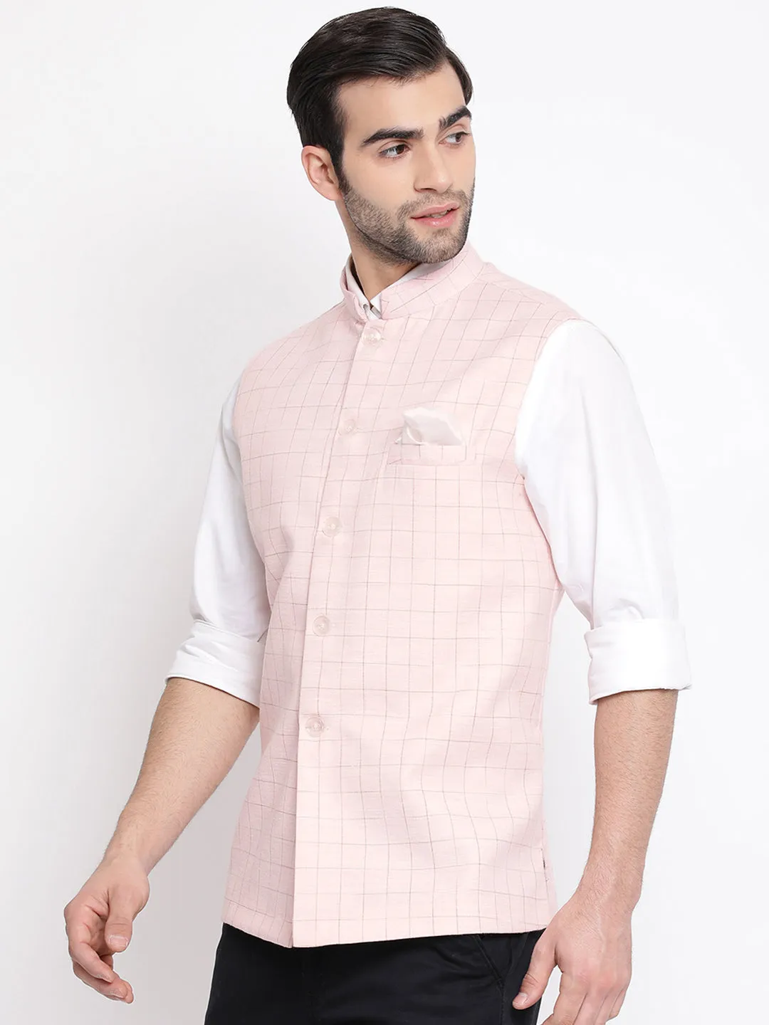 VASTRAMAY Men's Pink Checkered Classic Linen Nehru Jacket