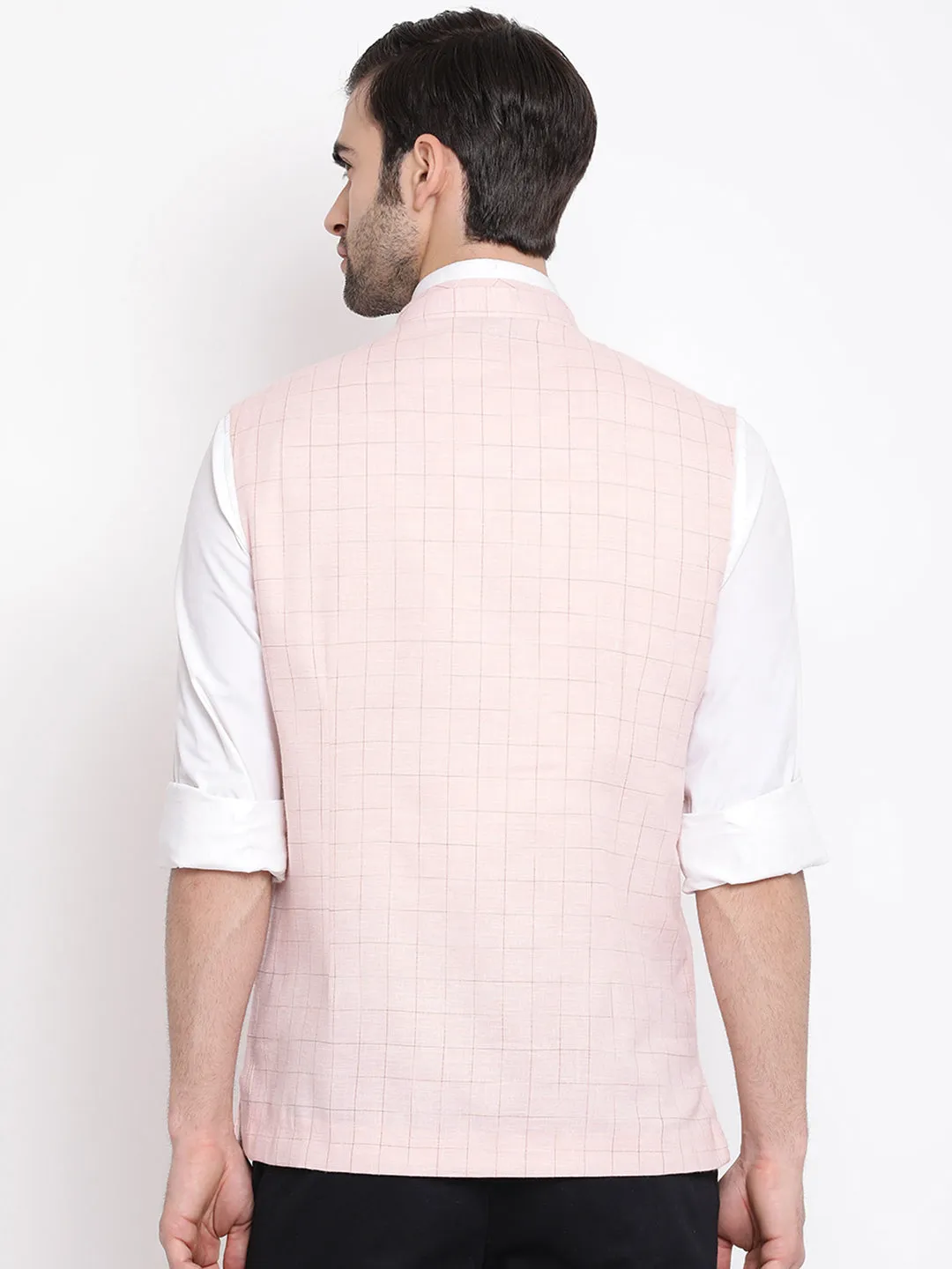 VASTRAMAY Men's Pink Checkered Classic Linen Nehru Jacket