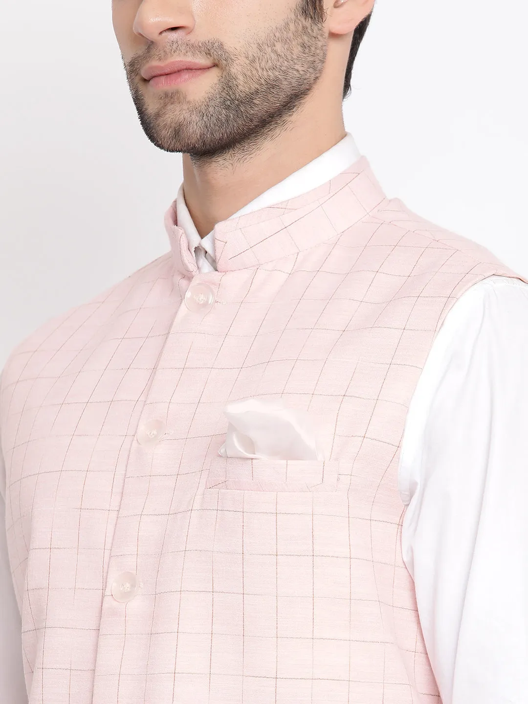 VASTRAMAY Men's Pink Checkered Classic Linen Nehru Jacket