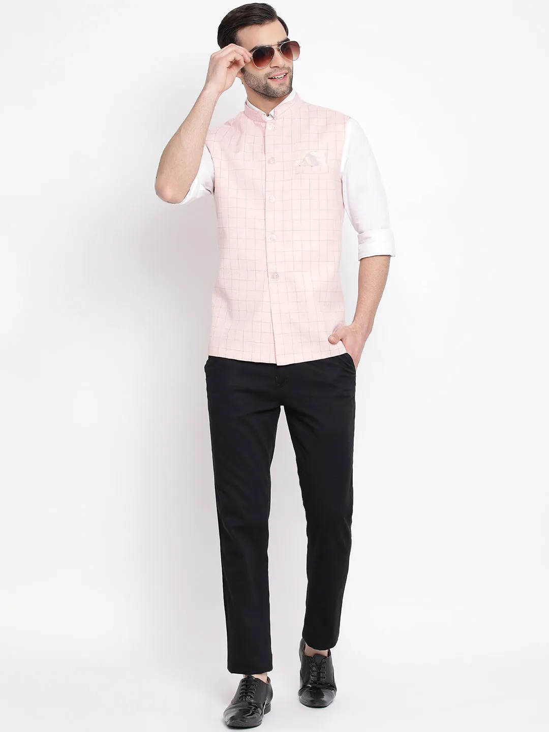 VASTRAMAY Men's Pink Checkered Classic Linen Nehru Jacket