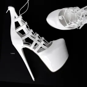 White Gloss Bondage Side Lace Up High Heels