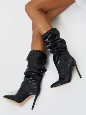 Woman Mid Calf Boots Black PU Leather Pointed Toe Stiletto Heel Boots